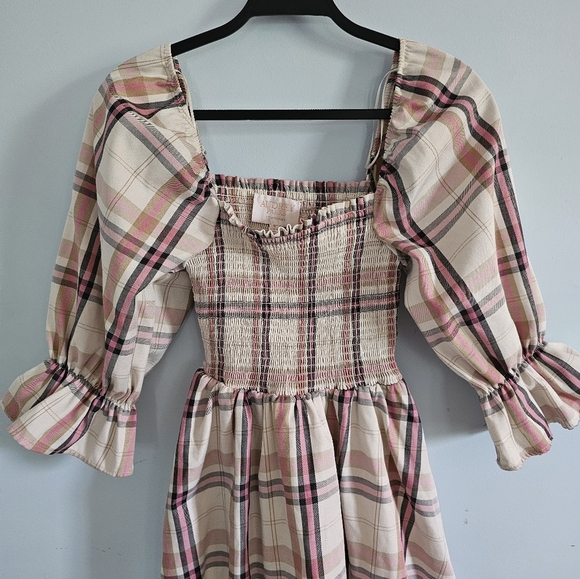 Plaid Mini Dress with Ruffled Sleeves - Picture 2 of 4